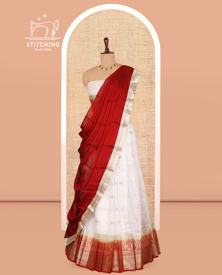 Cream-Rust Organza Half-Saree Features Zari Buttas Skirt, Contrast Traditional Border, Matching Blouse, Contrast Dhavani
