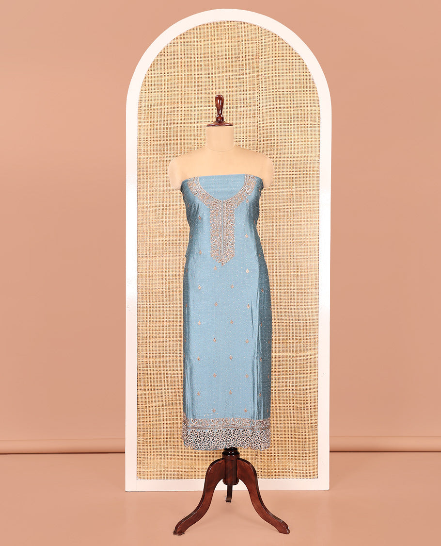 Sea Blue Vichitra Silk Material Chudidar, Embroidered and Cut-work Top, Santoon Bottom, and an Embroidered Dupatta