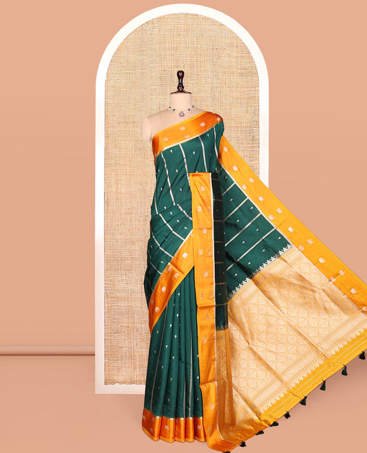 Green Satin Silk Saree, Adorned with Buttas and Stripes, Complemented by a Contrast Elephant Motif Border,  Grand Jaal Pallu, and a Contrast Blouse