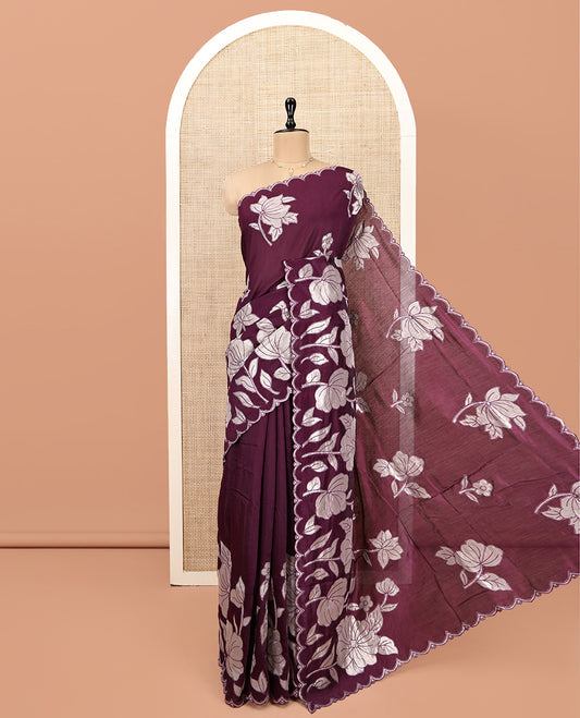Purple Designer Saree, Beautifully Bedecked with Floral Embroidery, Scallop Border, and Matching Blouse
