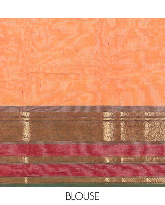 Light orange chettinad cotton saree with contrast traditional zari design border & striped pallu