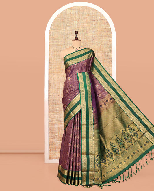 Purple Budget Silk Saree, Enriched with Zari Designs, Complemented by Contrast Traditional Rettai Pettu Border, Intricately Designed Pallu, and a Contrast Blouse