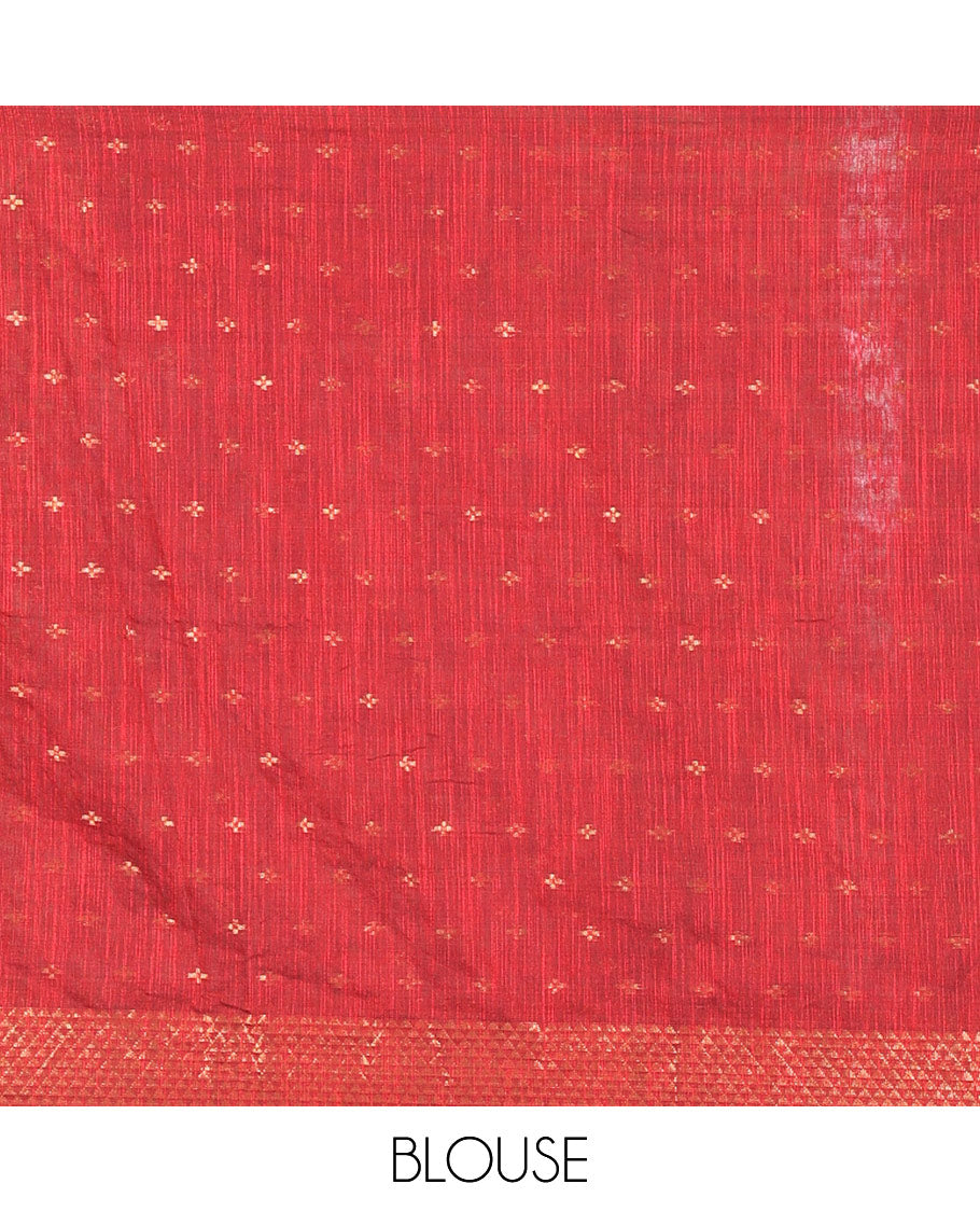 Maroon Khadi Mul Cotton Saree Beautified with Plus-Shaped Zari Buttas Across Its Body, Featuring a Subtle Zari Border Adorned with Triangle Motifs, a Tissue Pallu, and Complemented by a Running Blouse