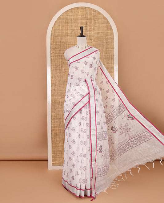 White-purple flying bird motifs printed linen saree, silver bavanji border, printed pallu & plain blouse