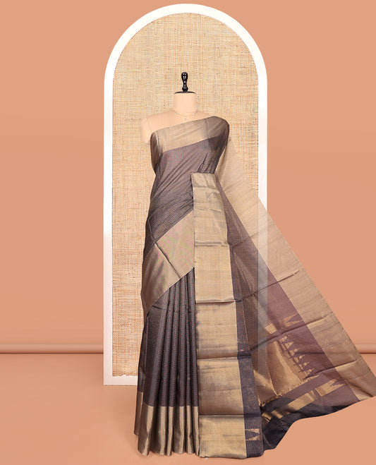 Grey Silk Cotton Saree, Majestically Detailed with Micro-Checks, a Gleaming Bavanji Border, Pallu of Temple Designs, and a Matching Blouse