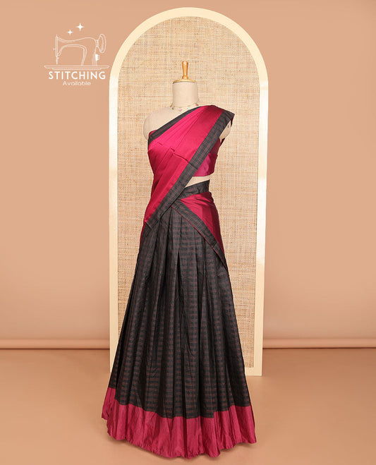 Black striped half saree with contrast border, plain blouse & plain, checked border dhavani