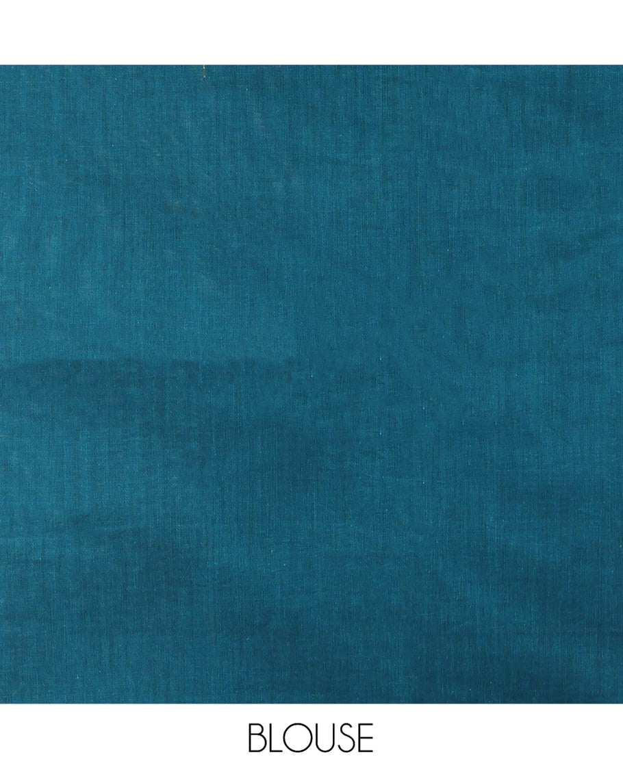 Blue Coimbatore Cotton Saree, Beautified with Floral Vine on Its Body, a Subtle Plain Border, Pallu of Paisleys, and Paired with Matching Blouse