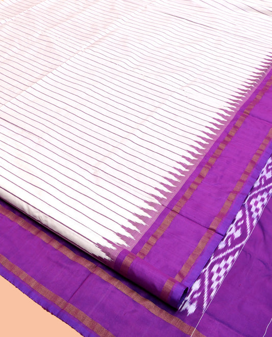 Cream Striped Pochampally Ikat Silk Saree, Complemented by a Contrast Ganga-Jamuna Border, Jaal Pallu, and a Contrast Blouse