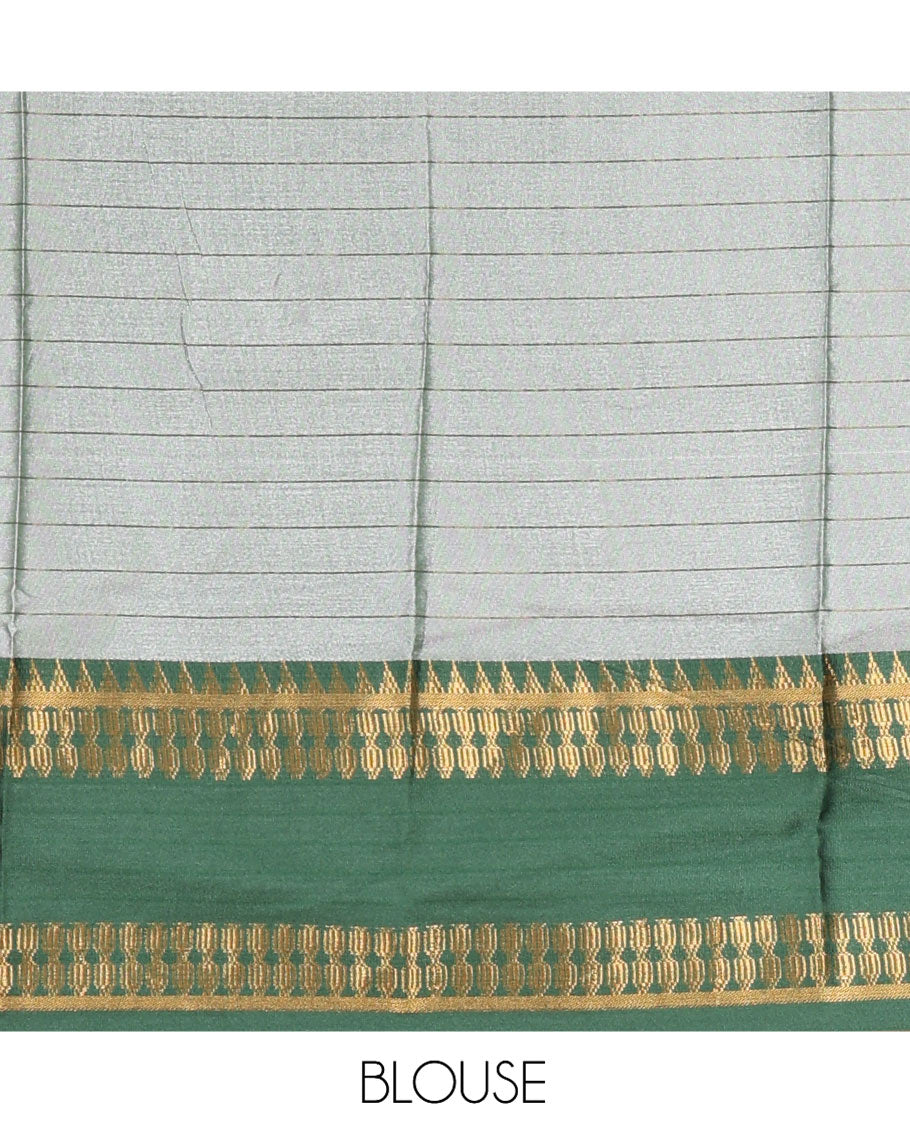 Cream-Green Checked Art Soft Silk Saree, Complemented by Contrast Traditional Retai Pettu Border, Striped Pallu, and a Contrast Blouse