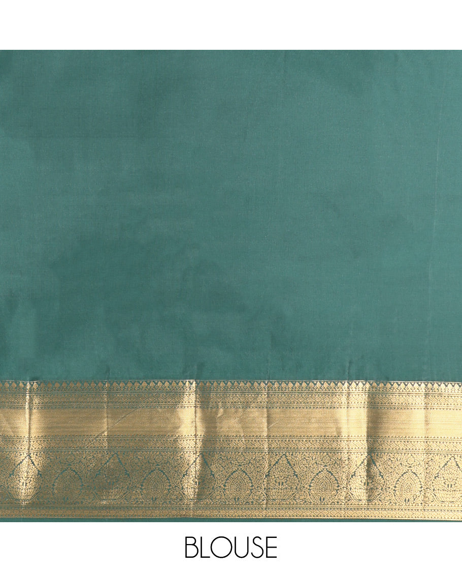 Green Budget Silk Saree, Highlighted by Zari Buttas, Highlighted by a Traditional Zari Border, Grand Pallu, and a Matching Blouse