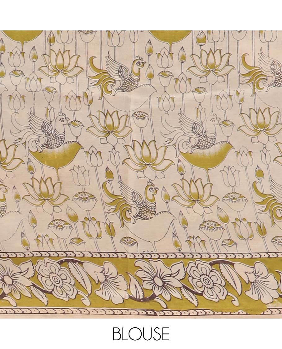 Black floral, animal motifs machine printed kalamkari cotton saree contrast floral border & intricate design pallu