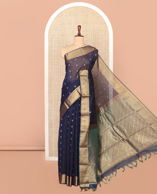 Blue Silk Cotton Saree, Highlighted by Zari Buttas On Its Body, Highlighted by Traditional Zari Border, Contrast Diagonally Woven Pallu and Paired with a Contrast Blouse