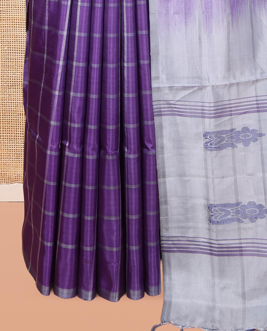 Borderless Violet Checked Banana Pith Saree, a Contrast Pallu of Stripes and Buttas, and a Contrast Blouse