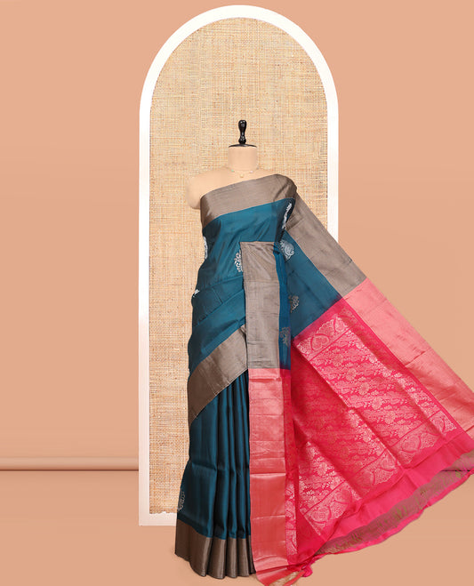 Peacock Blue Semi Uppada Saree, Features Zari Buttas, a Bavanji Border, Contrast Floral Pallu, and a Contrast Blouse