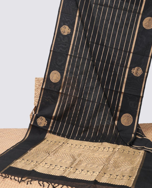 Black striped cotton silk saree with self zari design border & traditional zari design pallu