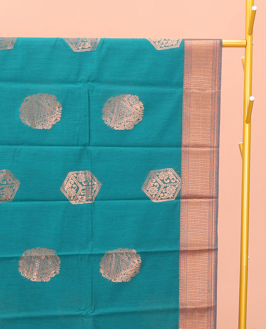 Rama Blue Semi-Silk Cotton Saree, Spotlighted with Zari Buttas All Over Its Body, Highlighted by a Traditional Zari Border, Pallu of Paisley Designs, and Paired with a Matching Blouse