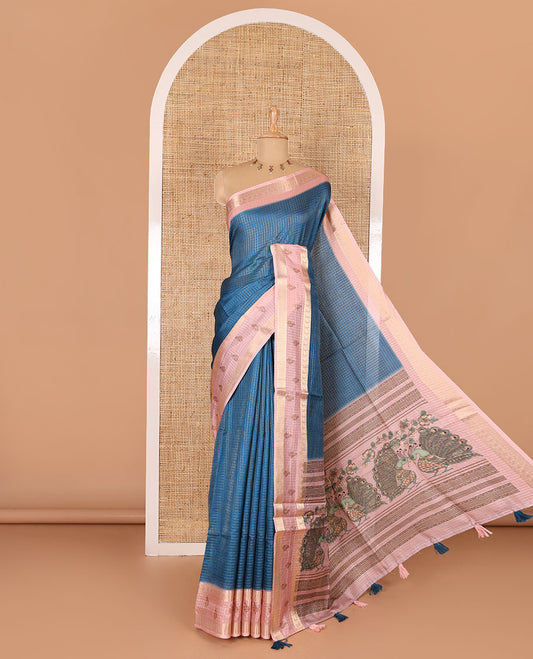 Blue gold zari checked katan silk saree with contrast traditional zari border of peacock print, peacock printed pallu, and contrast printed blouse