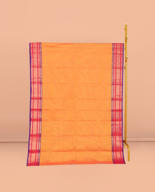 Orange Plain Chettinad Cotton Saree, Complemented by a Contrast Traditional Zari Design Woven Border, Pallu of Stripes, and Paired with a Matching Blouse