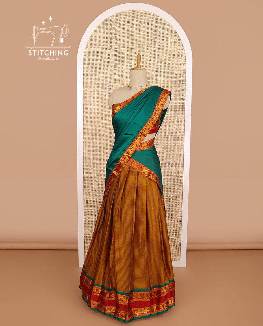 Brown striped cotton saree with contrast intricate zari design, zari design blouse & plain, elephant design border dhavani