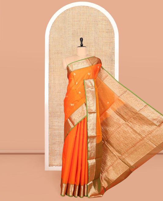 Orange Silk Cotton Saree, Enriched with Zari Buttas, Complemented by a Contrast Traditional Zari Border, Pallu of Intricate Designs, and a Matching Blouse