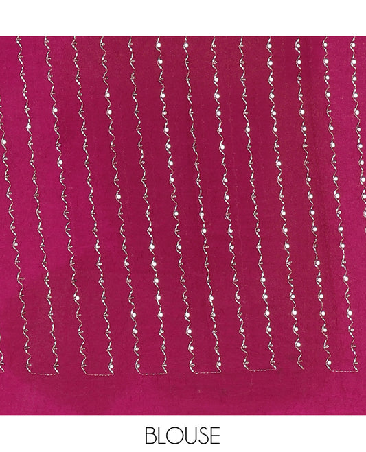 Borderless White-Purple Rangoli Chiffon Saree, Gleamed Up with Foil-Printed Leheriya Stripes, a Contrast Sequins Blouse