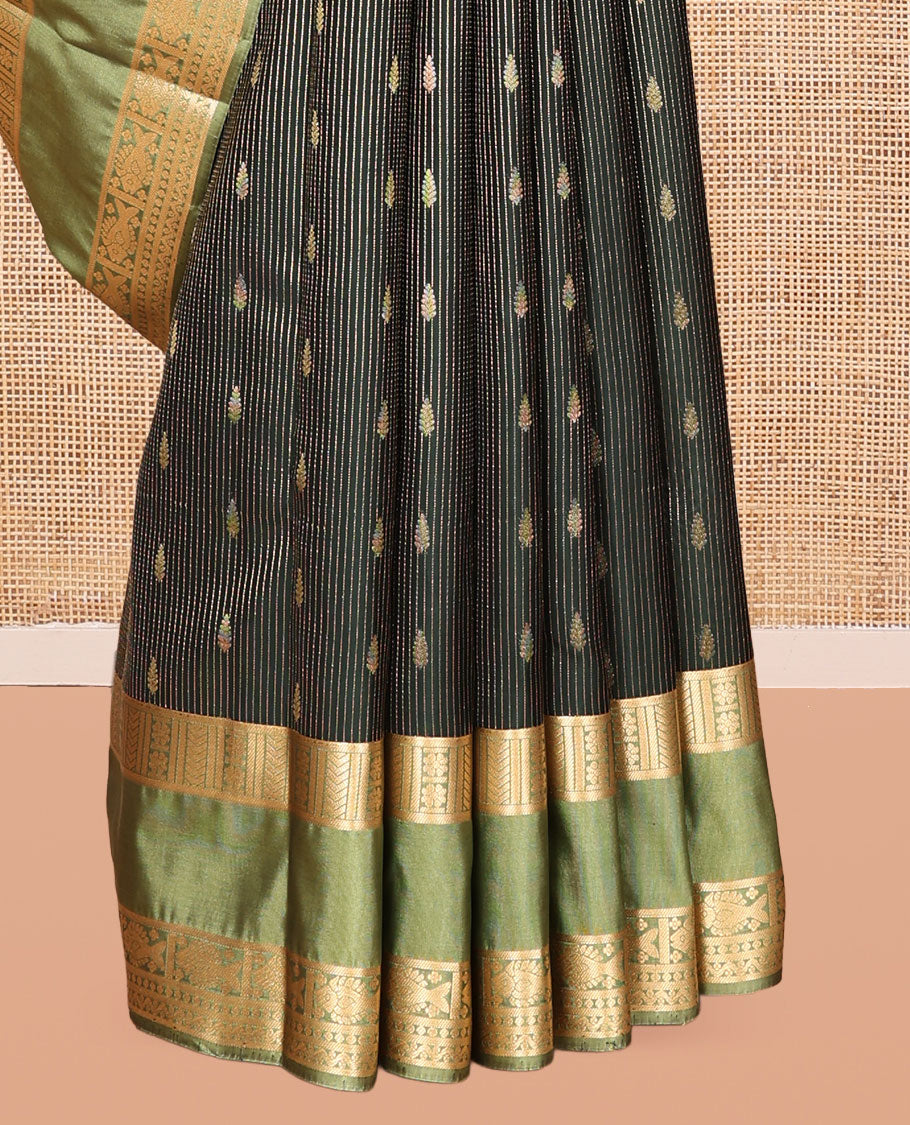 Green Vasundhara Lite Silk Mix Saree, Elevated with Zari Buttas and Strpes, a Contrast Rettai Pettu Zari Border, a Grand Pallu, and a Contrast Blouse