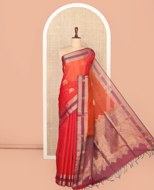 Orange Silk Cotton Saree, Adorned with Polka Dot Buttas, Complemented by a Contrast Border, Intricately Designed Pallu, and a Contrast Blouse