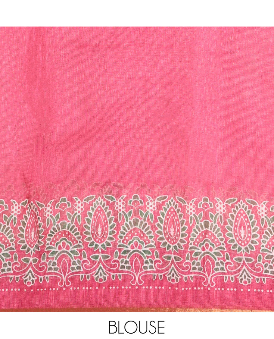 Cream-Pink Linen Cotton Saree Features Floral Buttas, Contrast Printed Border, Intricate Pallu, and a Contrast Blouse