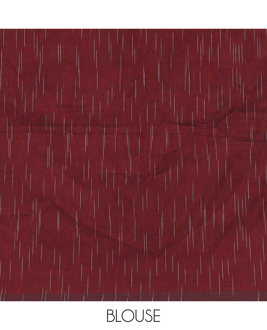 Borderless Maroon  Khadi Mul Cotton Saree Decked with Jharna-Style Waterdrop Motifs, Featuring a Gleaming Zari-Woven Pallu, Paired with a Matching Blouse Replicating the Body Motifs