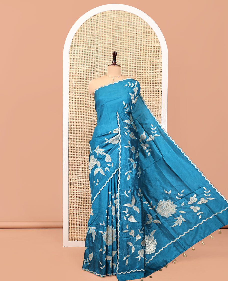 Peacock Blue Dupion Silk Saree, Delicately Decked Up with Floral-Leaf Vine Embroidered On Its Body, Subtle Scallop Border, Artfully Floral Embroidered Pallu, and Paired with a Plain Blouse