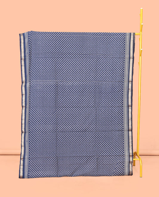 Blue Mul Mul Cotton Saree, Bedecked with Paisley Buttas, a Piping Border, Geometric-Printed Pallu, and a Matching Blouse