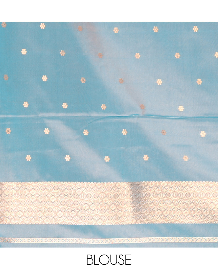 Blue Satin Silk Saree, Adorned with Flora-Fauna Buttas, Tree-Bird Border, Intricate Pallu, Matching Blouse