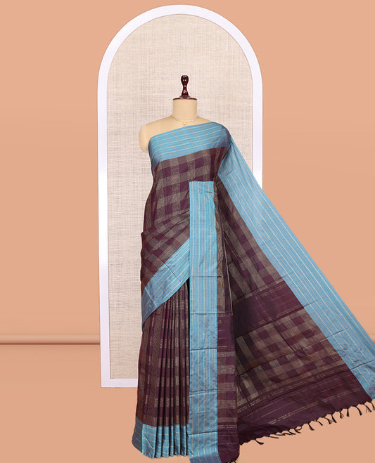 Brown Arani Saree, Crafted with Zari Checks, a Contrast Zari Striped Border, Pallu of Zari Design, and a Matching Blouse