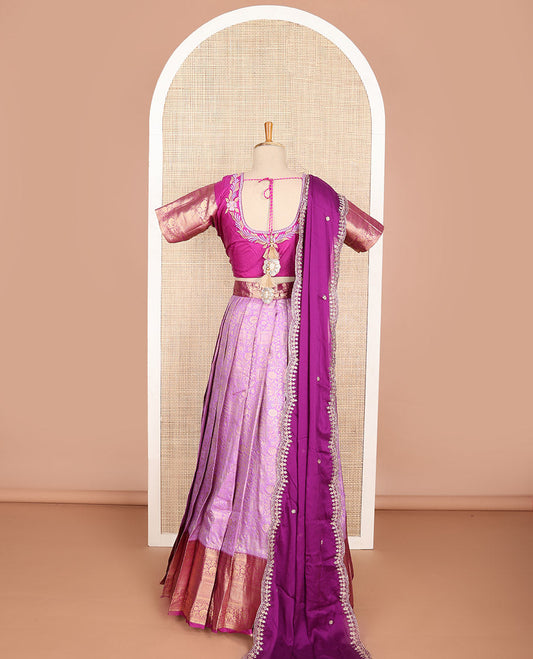 Purple floral art silk half saree with contrast zari design border, embroidered blouse & floral embroidery dhavani