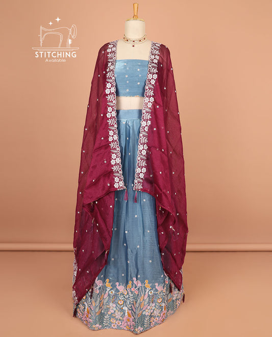 Blue floral motifs thread embroidery half saree with self floral embroidery border , floral motifs blouse & floral embroidery scallop border dhavani