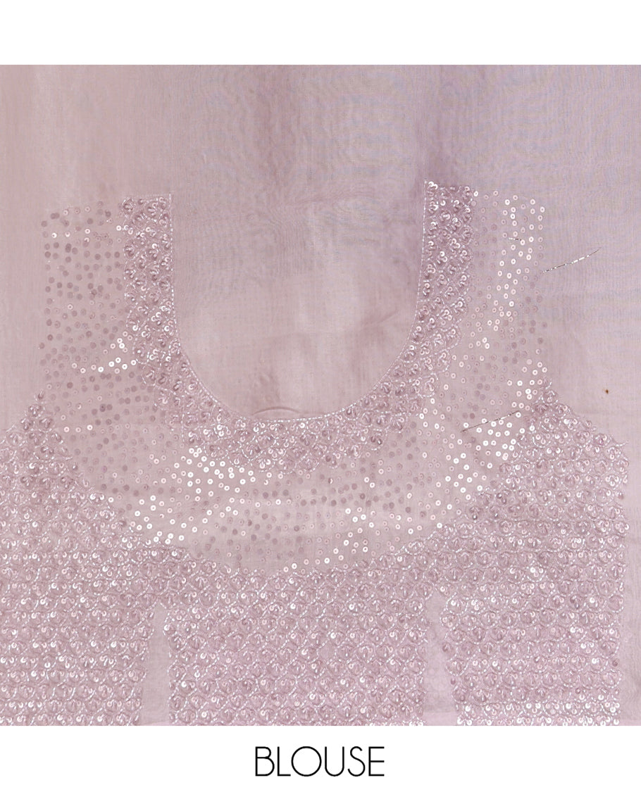 Lavender Turkey Organza Saree Features Leaf Glitterwork, Scallop Beadwork Border, Sequins Embroidered Blouse