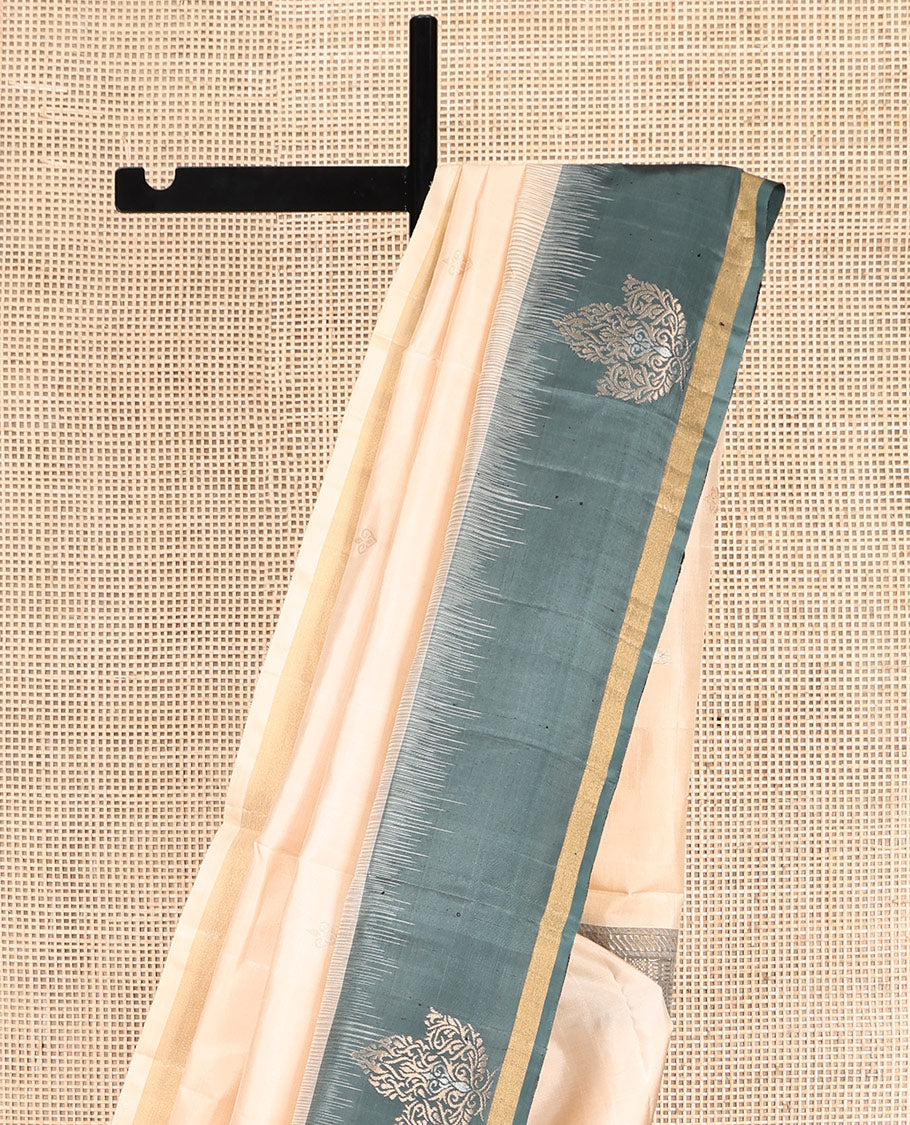 Sandal Mayuri Soft Silk Saree, Sparsely Threaded with Buttas, Contrast Zari Buttas Border, and a Pallu Features Intricate Designs and Contrast Blouse