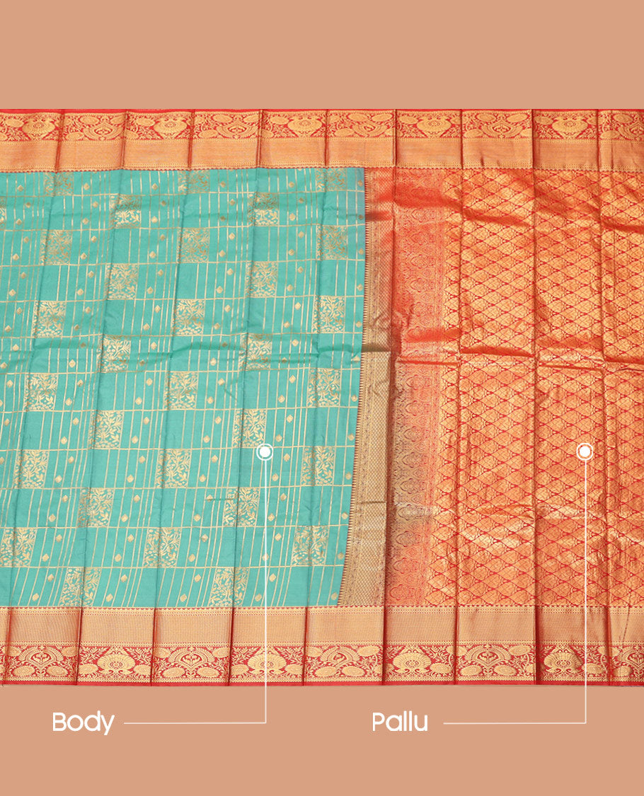 Blue Budget Silk Saree, Bedecked with Jacquard Design, Complemented by Contrast Traditional Zari Border, a Grand Jaal Pallu and a Contrast Blouse