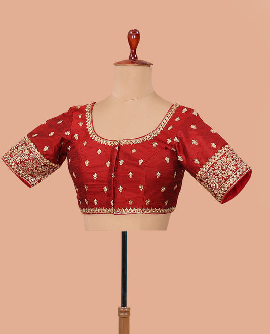 Maroon intricately thread embroidered front-back round neck elbow sleeve blouse