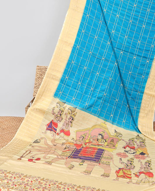 Blue checked mysore silk saree with contrast paisley motifs, striped zari border & wedding design pallu