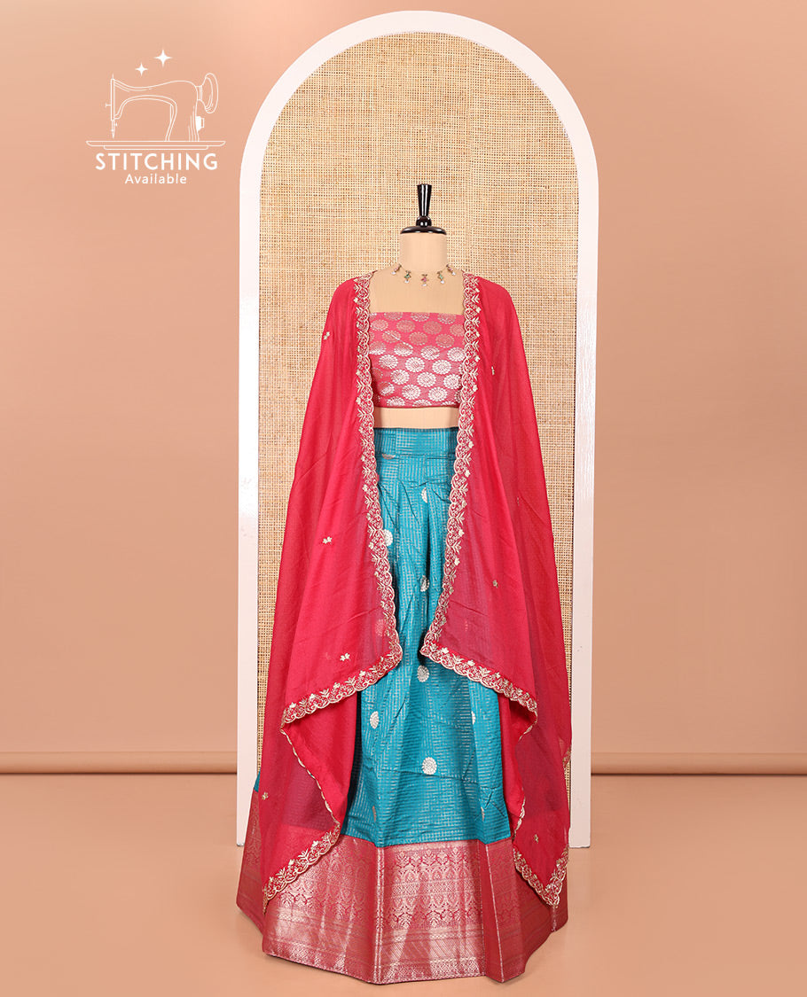 Rama Blue and Rani Pink Banarasi Silk Half-Saree Featuring Micro-Checks and Chakram Buttas Woven Skirt, Complemented by Contrast Traditional Zari Design Border, Paired with a Jacquard Blouse, and a Rangoli Georgette Embroidered Dhavani