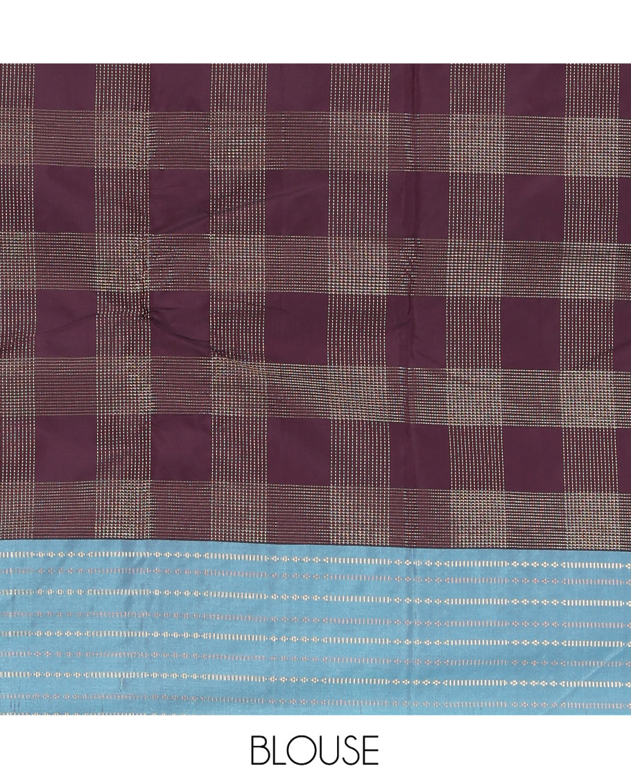 Brown Arani Saree, Crafted with Zari Checks, a Contrast Zari Striped Border, Pallu of Zari Design, and a Matching Blouse