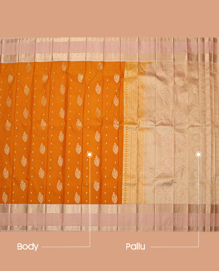 Orange Budget Silk Saree, Detailed with Zari Buttas, Complemented by Contrast Traditional Rettai Pettu Border, Grand Pallu, and a Contrast Blouse