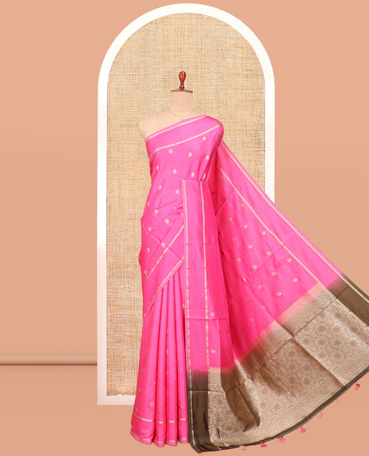 Pink Satin Silk Saree, Spotlighted with Zari Buttas All Over Its Body, Highlighted by Rettai Pettu Border, Complemented by a Contrast Intricately Designed Pallu, and Paired with a Contrast Blouse