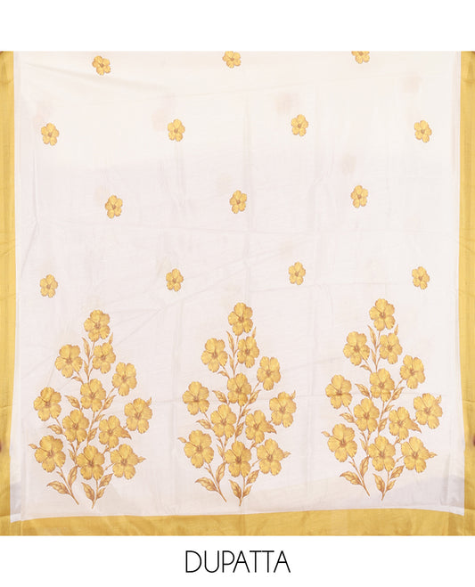 Cream-Mustard Semi-Silk Material Chudidar, Floral Printed Top, Matching Bottom, Floral Printed Dupatta