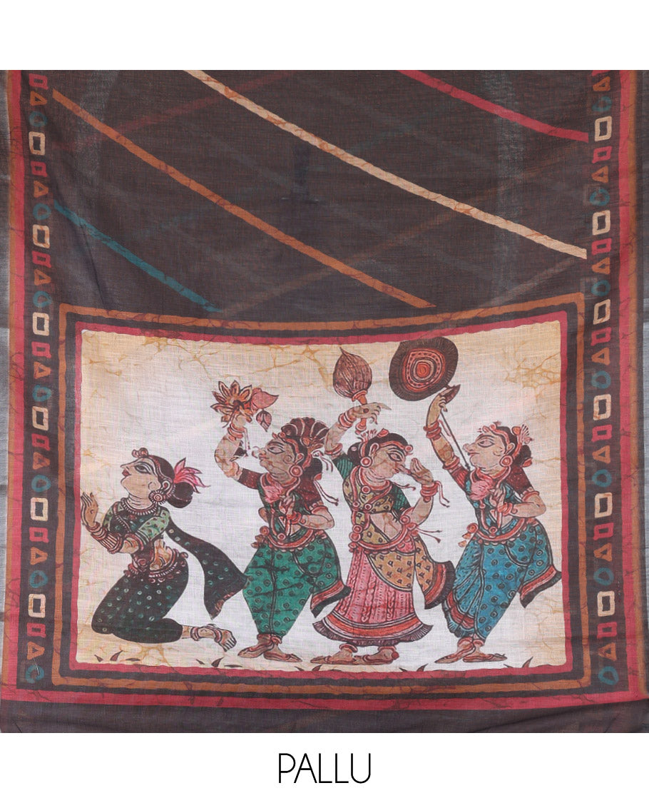 Black Linen Cotton Saree, Adorned with Batik-Style Geometric Print on Its Body, Subtle Zari Border, Kalamkari-Style Printed Pallu, and Matching Blouse
