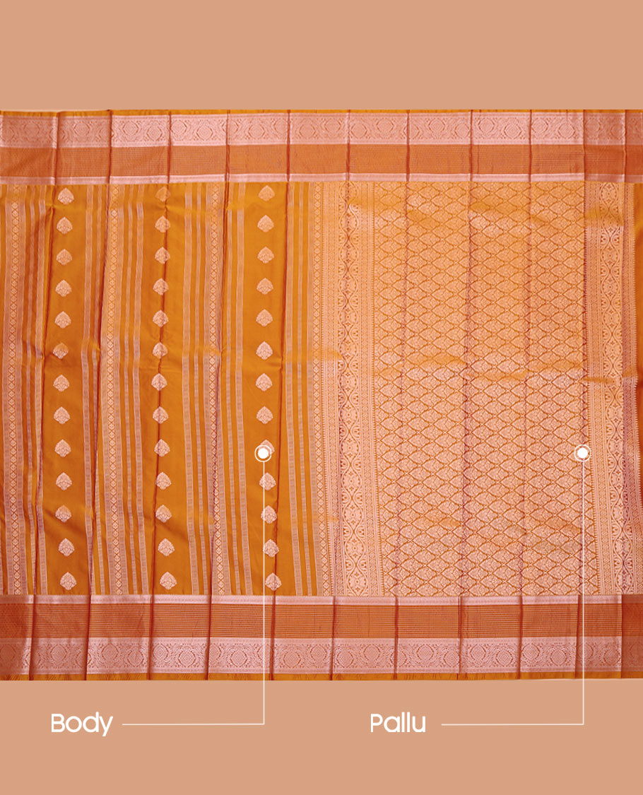 Orange Budget Silk Saree, Boldly Accentuated with Zari Buttas All Over Its Body, Highlighted by a Traditional Zari Design Border, Grand Pallu, and Paired with a Matching Blouse
