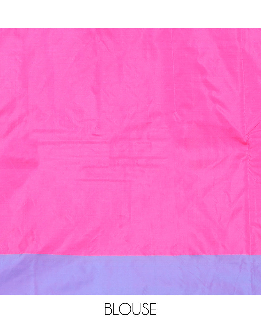 Pink and Lavender Aarani Silk Saree, Embellished with Zari Checks All Over Its Body, Complemented by a Contrast Border, Pallu of Stripes, and Paired with a Matching Blouse