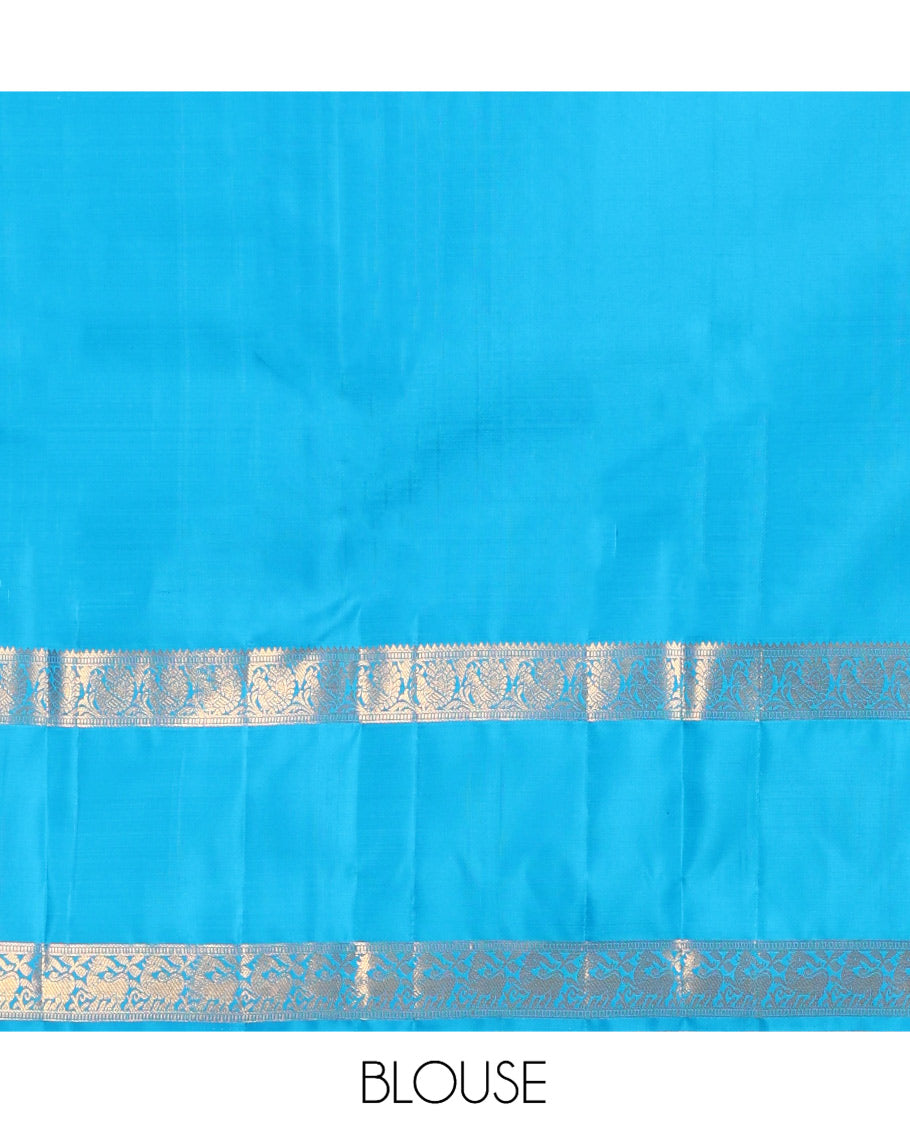 Green Kanchipuram Silk Saree, Ornamented with Zari Buttas, Complemented by Contrast Rettai Pettu Border of Rekku, Muthu, and Mayil Designs, Jaal Pallu, and Contrast Blouse