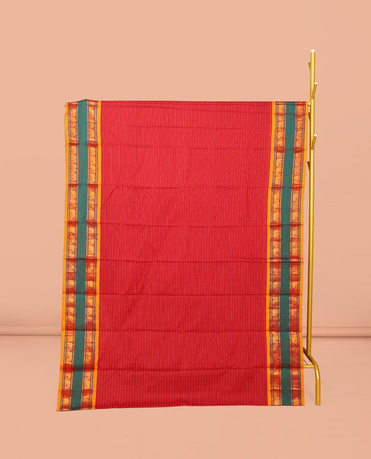 Red Striped Narayanpet Cotton Saree, Complemented by a Contrast Traditional Design Rettai Pettu Border, Striped Pallu, and Comes Without a Blouse